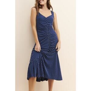 Maeve by Anthropologie Bree Dot Midi knit Dress Blue White Medium Asymmetrical